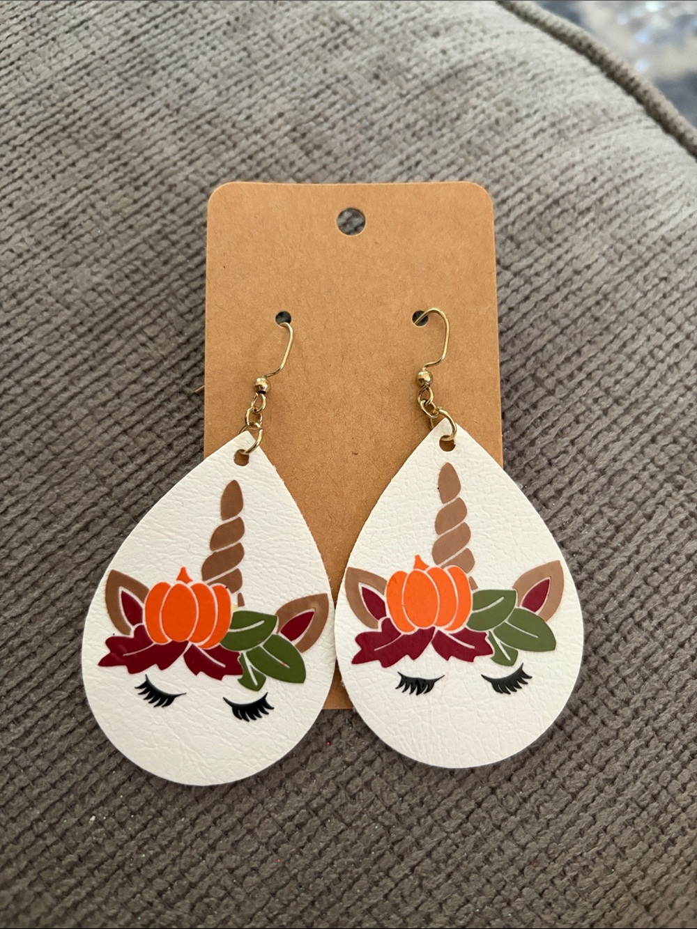 Handmade Unicorn Fall Teardrop Earrings with Orange & Purple Accents